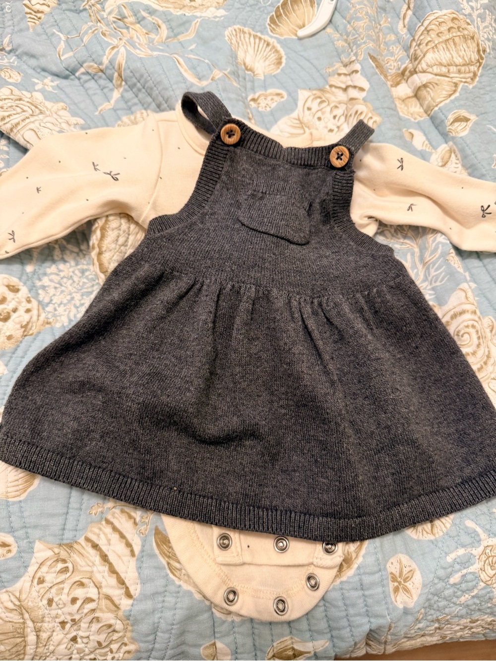 Dark Gray Knit Pinafore Dress with long sleeve onesie- Infant